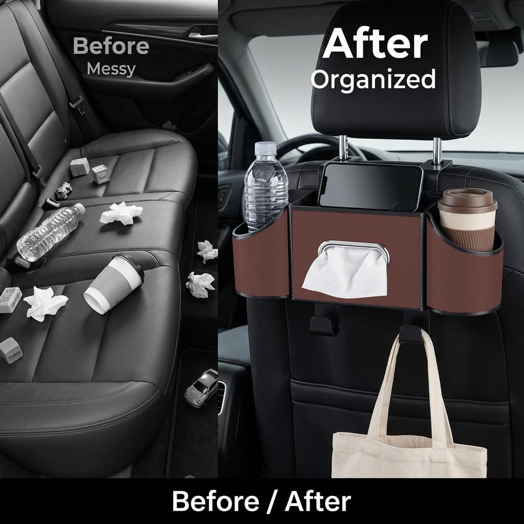 Back Seat Car Organizer, Nappa Leather Car Seat Organizer with Cup Holders and Tissue Box, Premium Hanging Storage Bag for SUV Truck Road Trip (Brown)