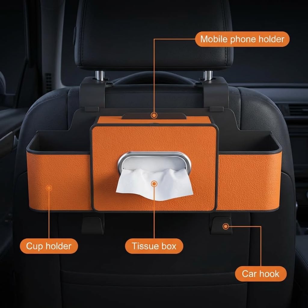 3-in-1 Backseat Car Organizer with Dual Cup Holders,Tissue Box & Phone Holder, 2026 Upgraded Car Seat Back Storage Box,Multifunctional Waterproof Storage for Daily Driving & Travel,Brown
