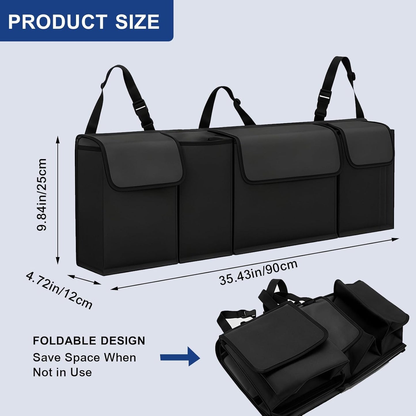Car Trunk Organizer – Backseat Hanging Large Storage Bag with Adjustable Straps, Waterproof Collapsible Cargo Organizer with 4 Pockets, Space-Saving Trunk Storage for SUV Truck MPV (Black)