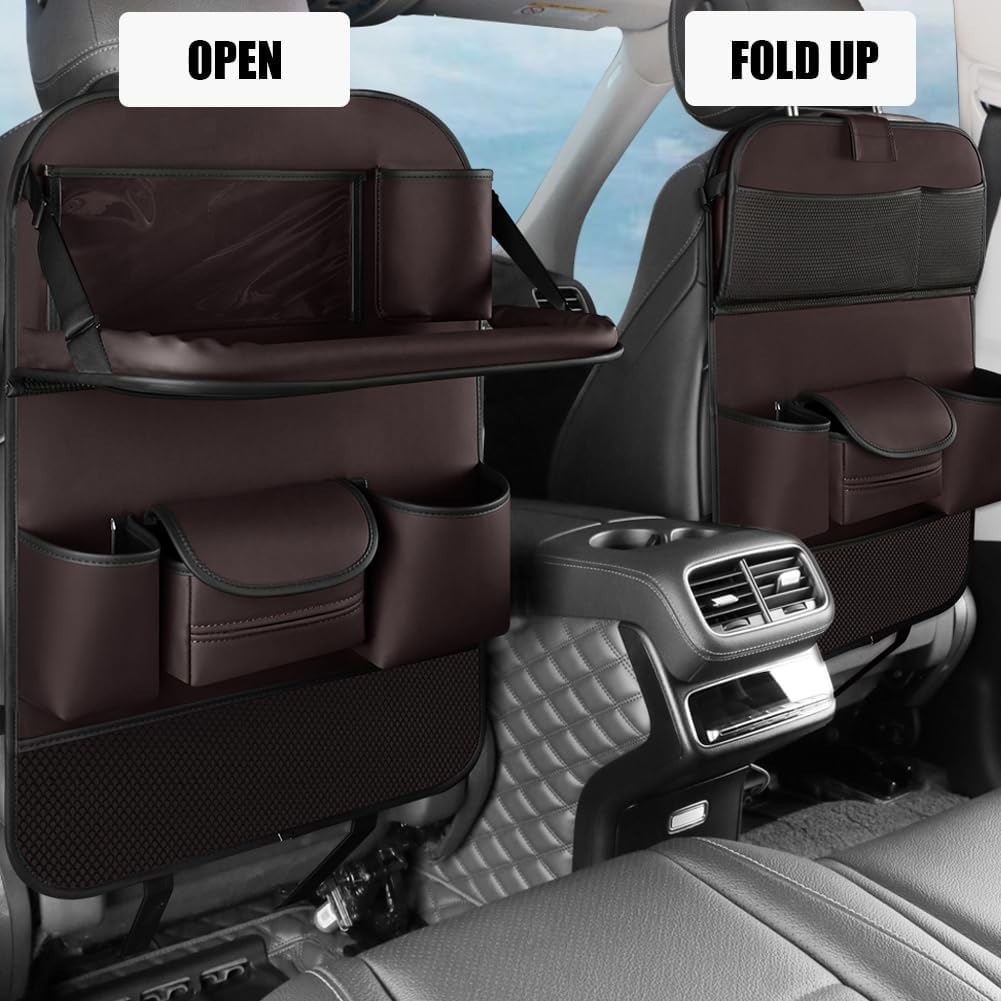 2PCS Car Backseat Organizer Seat Back Protectors Kick Mats with Foldable Table Tray, PU Leather Car Storage Organizer with Tablet Holder, Car Tissue Holder Kids Toys Storage Travel Accessories (Brown)