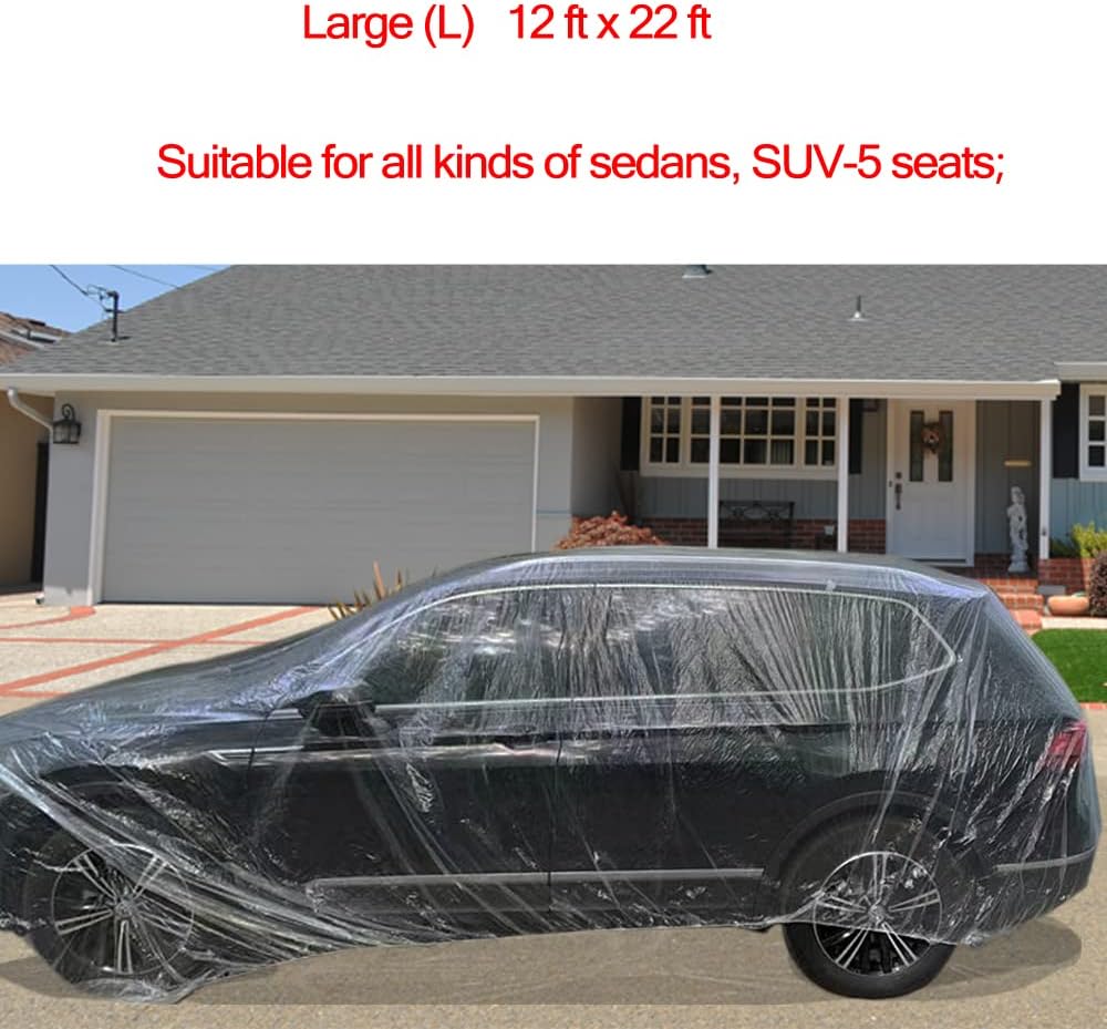 4 Packs Disposable Car Cover Clear Plastic Car Cover Universal Rain Dust Garage Cover with Elastic Band Medium (12 ft x 22 ft)