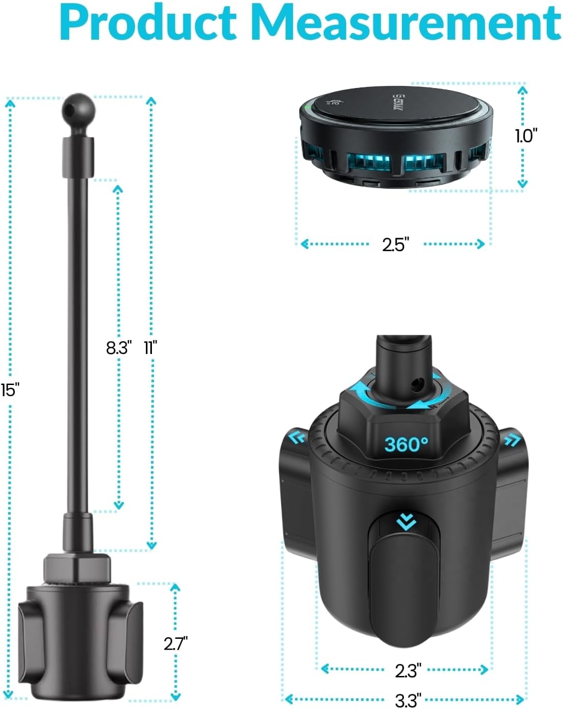 Qi2 25W Cooling Wireless Charger 15 Inch Cup Holder Phone Mount
