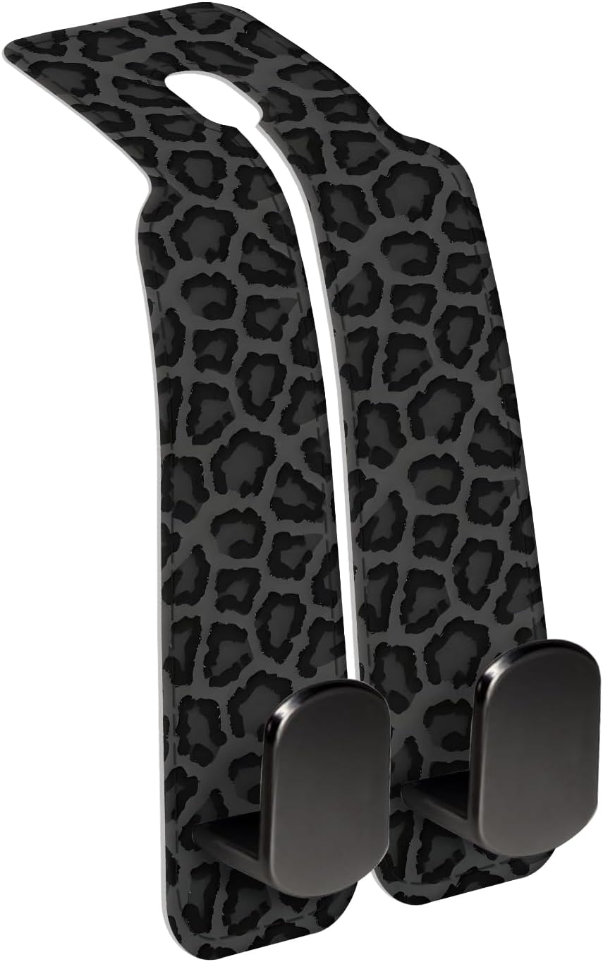 Car Seat Back Storage Headrest Hook, Premium Leather Double Metal Hook, Hanger Storage Organizer for Purse Cloth Bag, Car Interior Accessories Cute Black Leopard