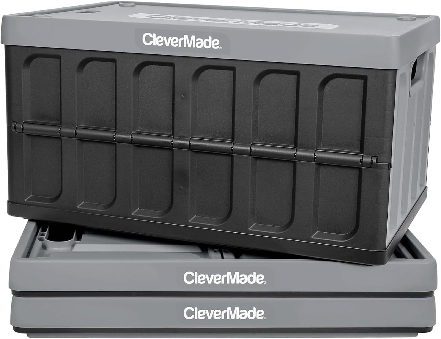 CleverMade Collapsible Plastic Storage Bins with Lids, 46L 3 Pack, Stone | Integrated grips simplify carrying through garages, closets and trunks, with a stack-ready shape that keeps supplies orderly