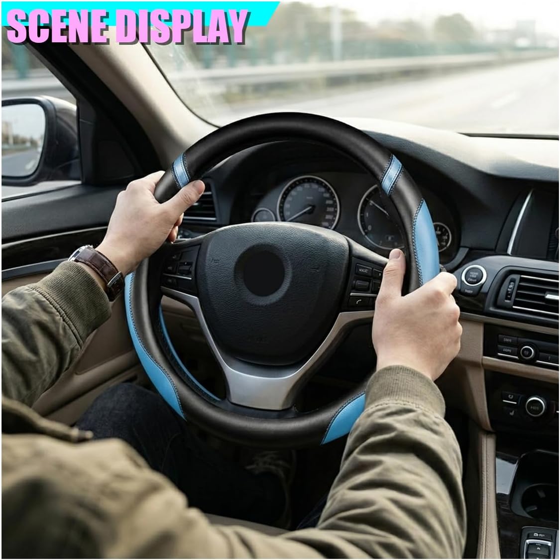 Car Steering Wheel Cover, Breathable Non-Slip Leather Car Steering Wheel Decorative Wrap, Comfortable Auto Interior Wheels Protector Accessories for Cars, SUVs, Trucks (Blue)