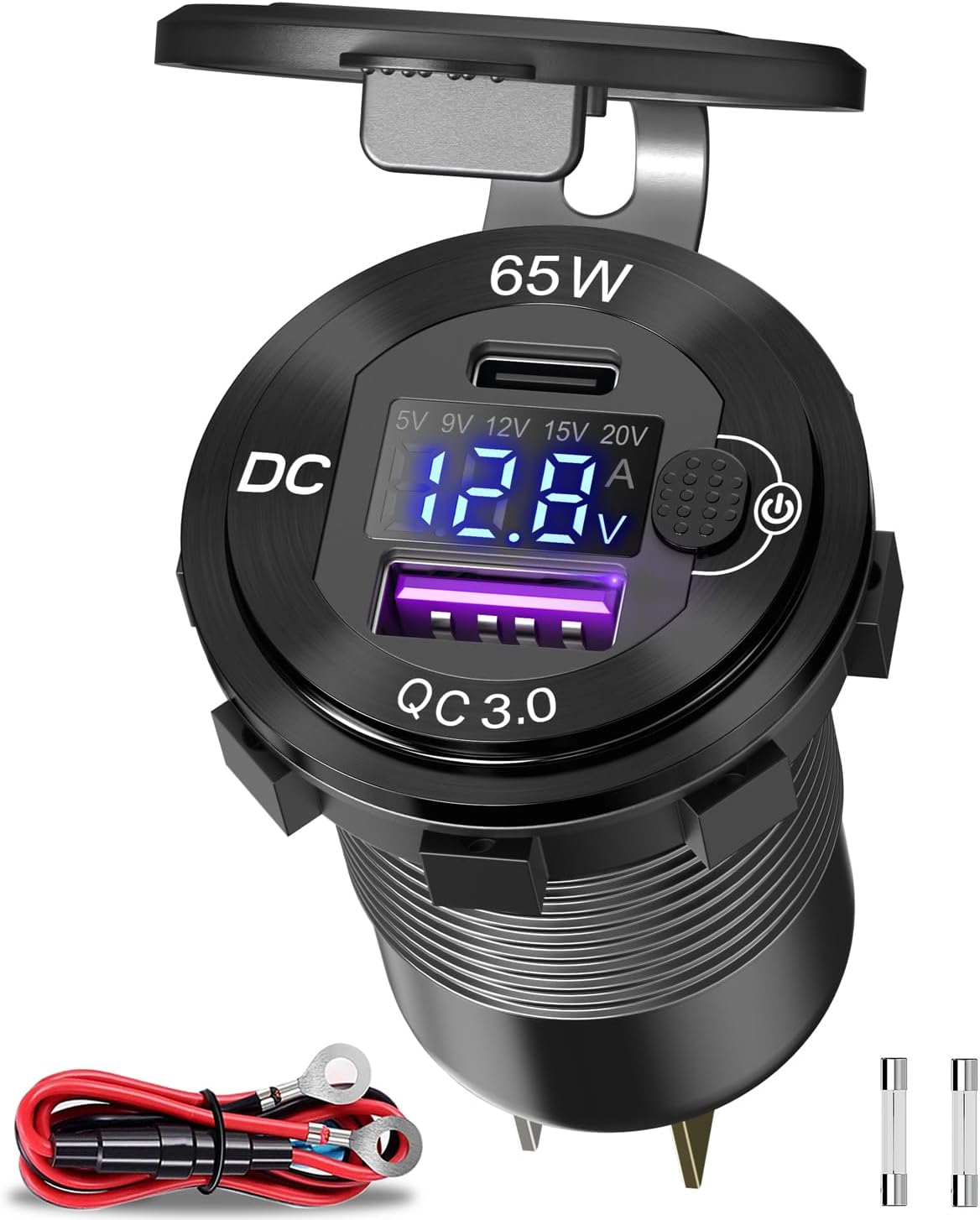 83W 12V USB Power Outlet, Qidoe Aluminum 65W PD Laptop Charger Socket and 18W QC3.0 Car USB Port with Digital Voltmeter Button Switch Smart Boosting 12V Outlet for Car RV Marine Boat Moto