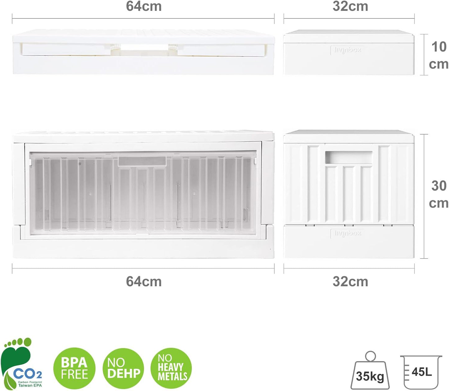 livinbox 45L collapsible storage bins with door, comic books container, dust-proof stack-able folding box for Home Office Bedroom Dorm Toys Bedding, white & transparent, FB-6432S-WTTR