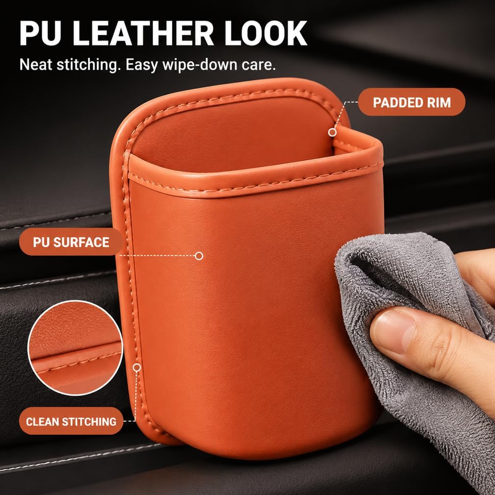 Leather Car Door Cup Holder, Wide-Mouth PU Leather Clip-On Organizer with Back Clip, Extra car Door Cup Holder for Drinks, Phone, Front Seat, Backseat, SUV, Truck，Red-2pcs