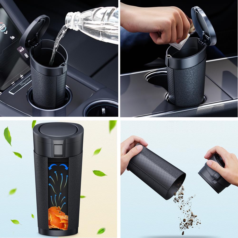 Car Trash Can with Lid, 2 Packs Leakproof Vehicle Garbage Bin, Compact Cup Holder Design, Includes 40 Trash Bags, Ideal for Car, Truck, Home, Office, Front & Back Seat Organizers (2-pack Black)