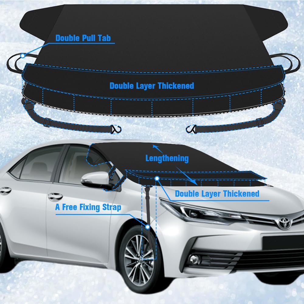 Windproof Windshield Cover for Ice and Snow, Upgraded Thicken Oxford Fabric Car Windshield Cover Best for Ice, Frost & Snow Removal Windshield Snow Cover for All Weather (67x47 Inches)