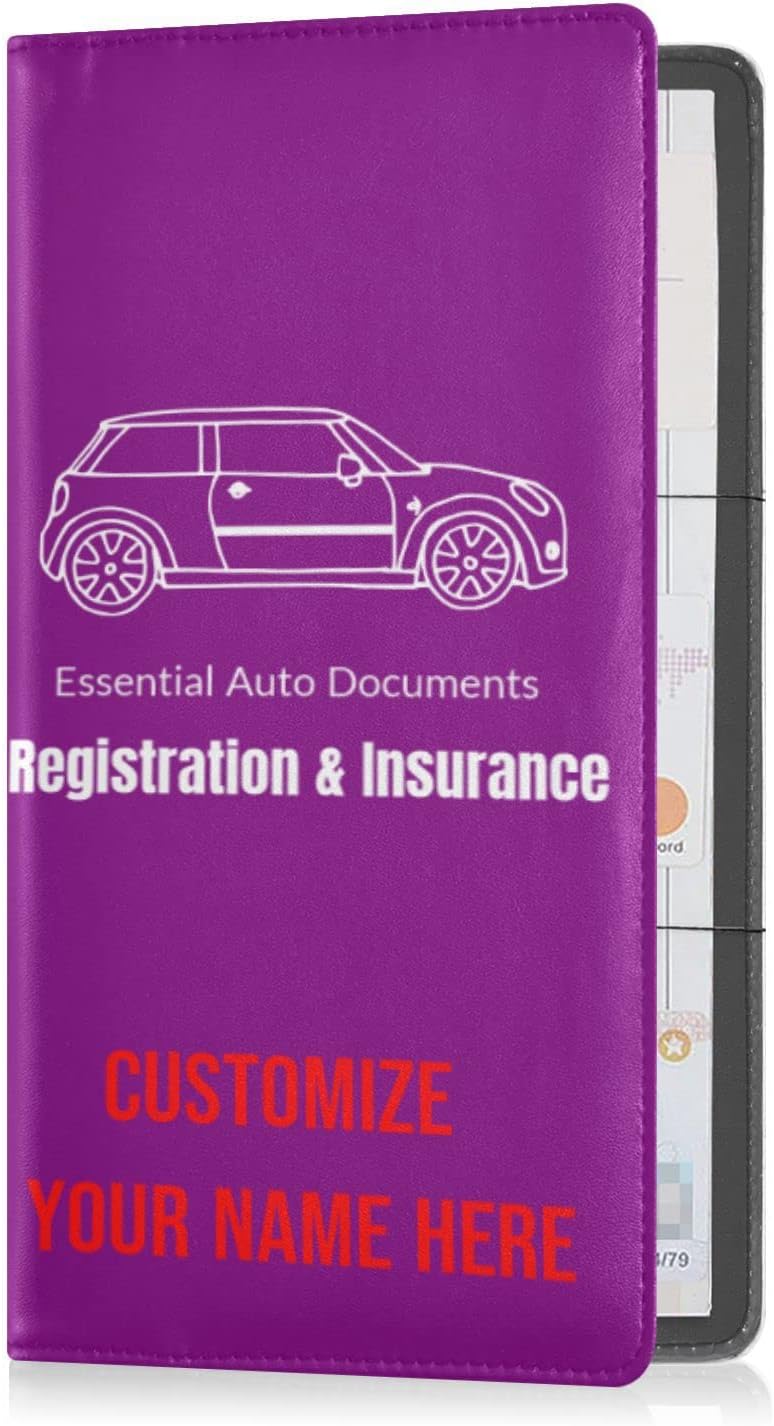 Custom Car Registration and Insurance Card Holder Personalized Leather Glove Box Organize Men Women Wallet Accessories Case for Cards, Essential Document Driver License Purple