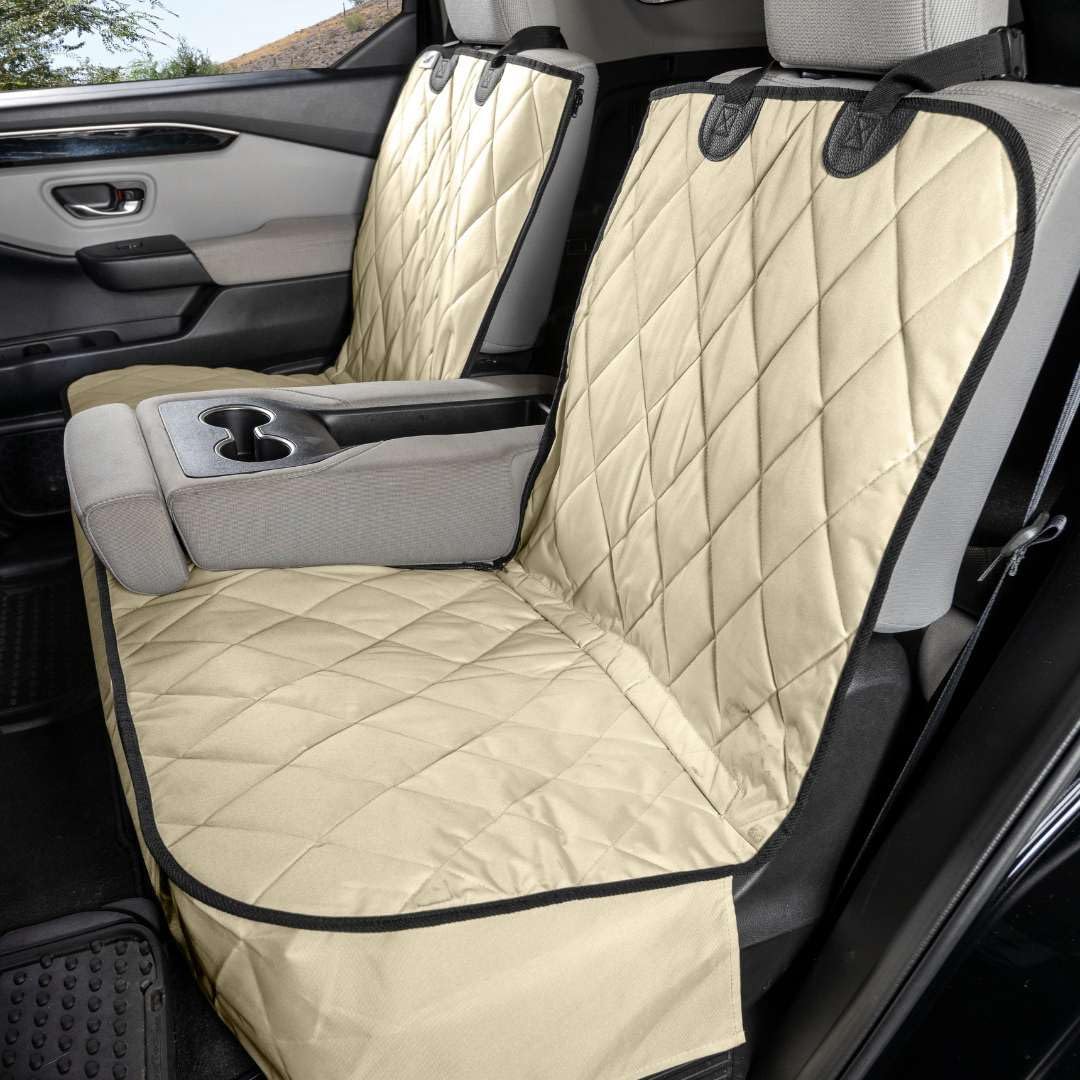 4Knines Dog Seat Cover for Back Seat, Heavy Duty Waterproof Rear Seat Protector for Small Trucks, SUVs, & Cars, Fits 60/40 Split Bench with Middle Seat Belt, Non-Slip Dog Backseat Cover (Regular, Tan)