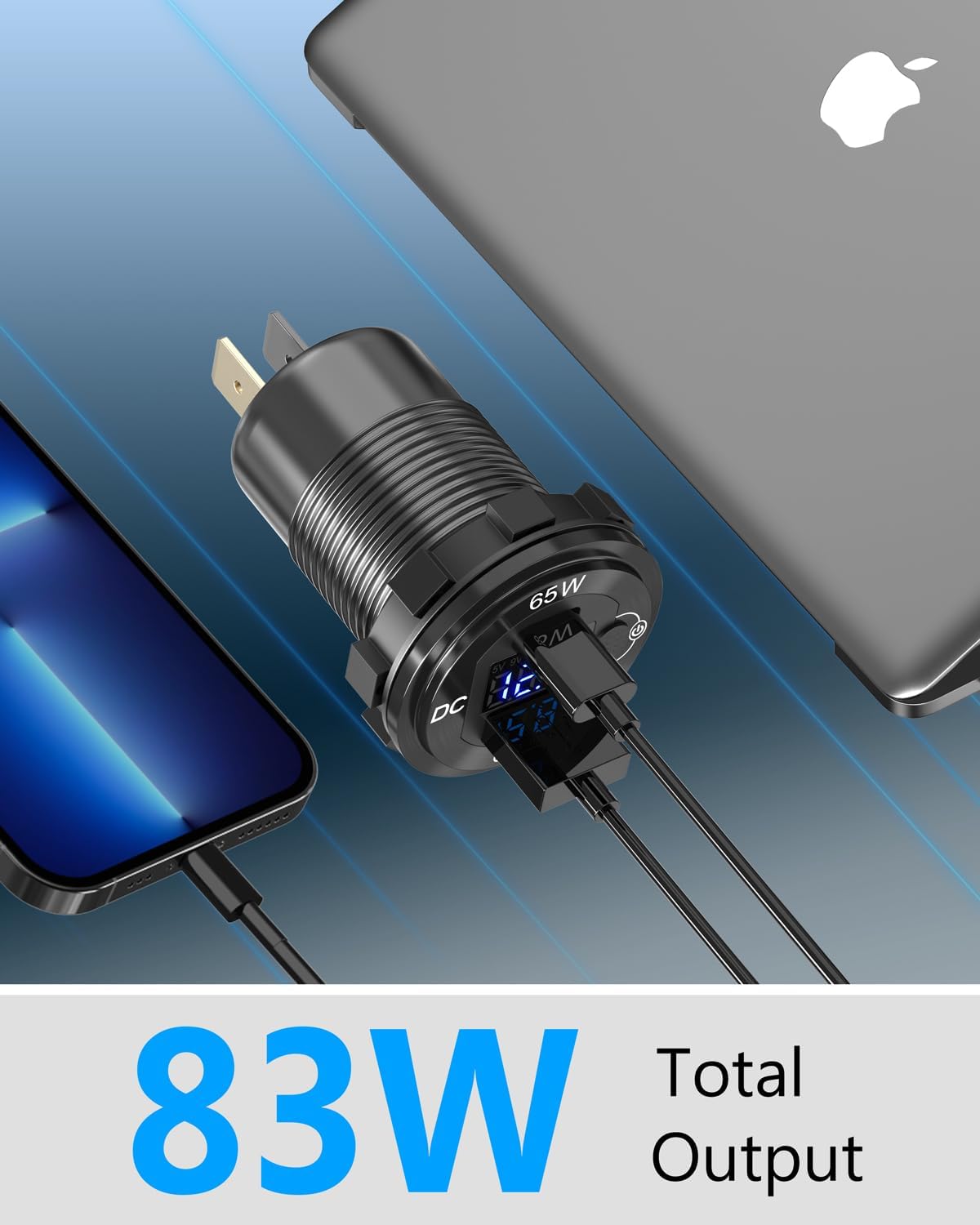 83W 12V USB Power Outlet, Qidoe Aluminum 65W PD Laptop Charger Socket and 18W QC3.0 Car USB Port with Digital Voltmeter Button Switch Smart Boosting 12V Outlet for Car RV Marine Boat Moto