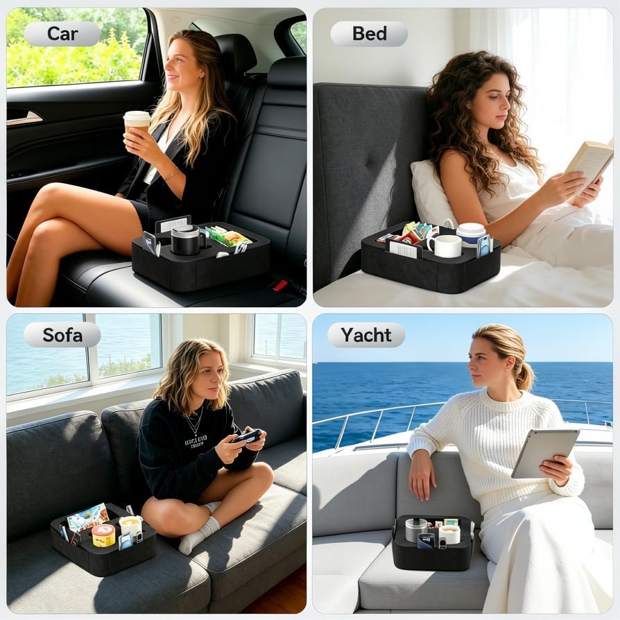 Car Cup Holder Pillow, Backseat Car & Bench Seat Cup Holder for iPad, Switch, Controllers, Remotes, Glasses, Drink Holder for Car, Couch, Bed, Desk, Camping, Automotive Cup Holders, Sofa Caddy, Black
