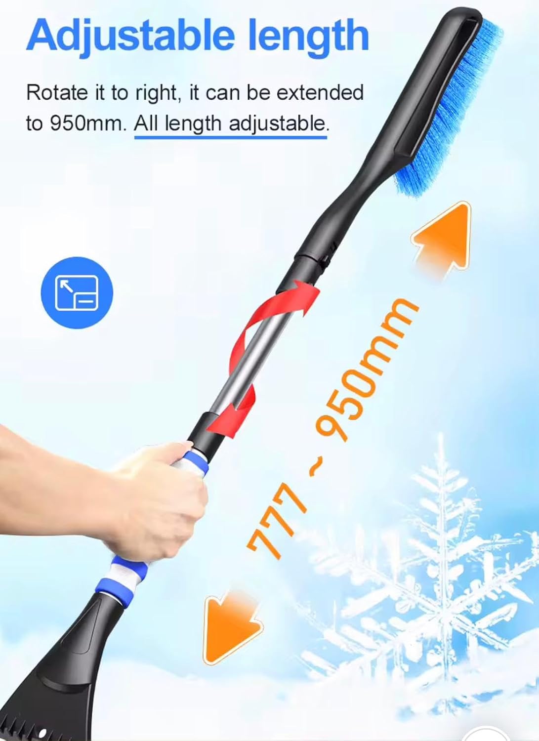Extendable Snow Brush and Ice Scraper with Waterproof Gloves, 30.4-37.4 Inch Adjustable Length, Detachable Winter Car Cleaning Kit, Blue and Black