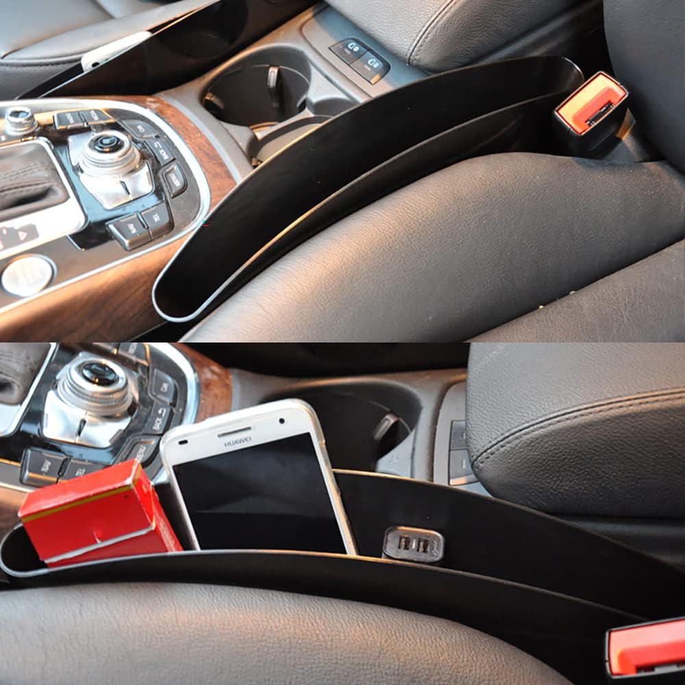 Riloer 2 Pcs Car Seat Pockets Plastic Car Console Side Organizer, Sturdy Leather Car Gap Filler, Pocket Black Drop Catcher Pocket Between Seat Console