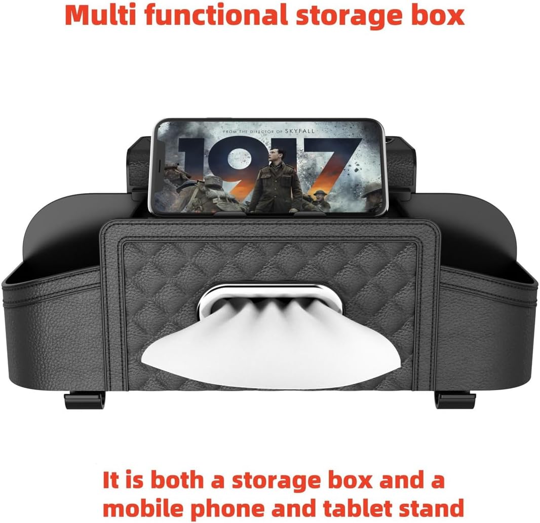 Car Seat Back Organizer, Multifunctional Vehicle Headrest Storage Box with Hooks and Phone Holder, Automotive Backseat Tissue Cup Holder Accessories, Universal for SUV Sedan Truck (Black)