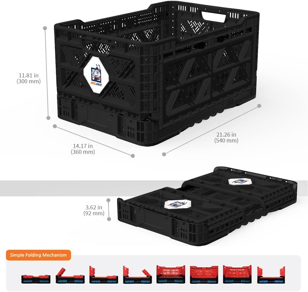 Bigant Heavy Duty Collapsible & Stackable Plastic Milk Crate - Snap Lock Foldable Industrial Garage Storage Bin Container Utility Tote Basket (Black, 1 Medium Crate)