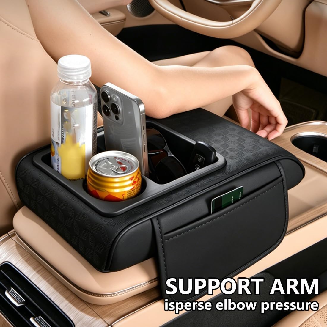Car Center Console Cover, Auto Car Armrest Cushion 5-in-1 with Cup Holder, Tissue Box Slot, Phone Slot for Vehicle, Car Accessories Interior Storage Organizers (Grey)