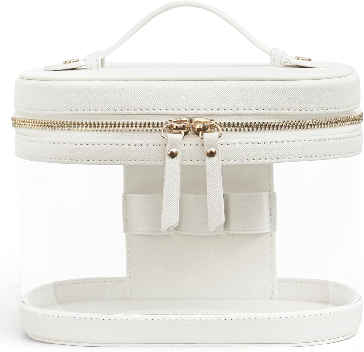 Popvibe Clear Makeup Train Case Vanity Bag Make Up Travel Bag with Brush Holder, Compact Transparent Makeuo Bag for Traveling Leather Cosmetic Case Portable Travel Essentials Toiletry Organizer White