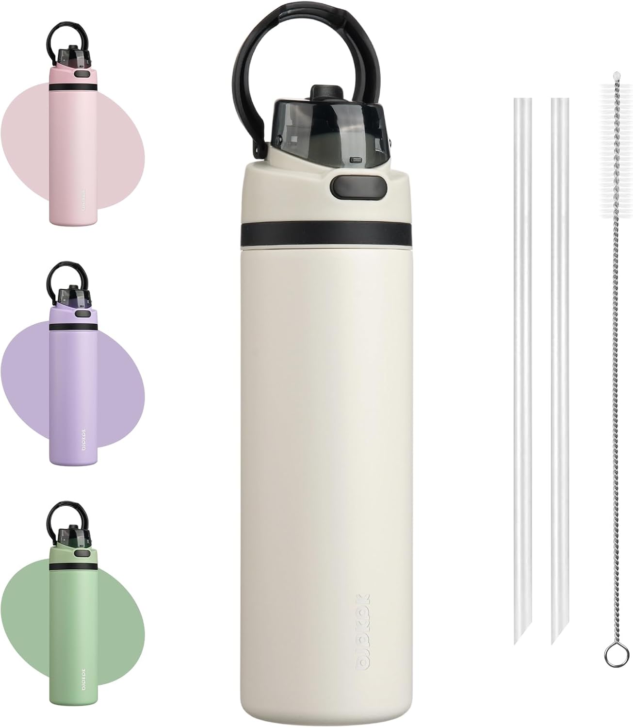 BJPKPK 25oz Insulated Water Bottle with 2-1 Straw Spout Lid, Stainless Steel Metal Water Bottles with Carry Handle, BPA Free, Leak-Proof, Fits in Car Cup Holder, Thermo for Sports,Beige