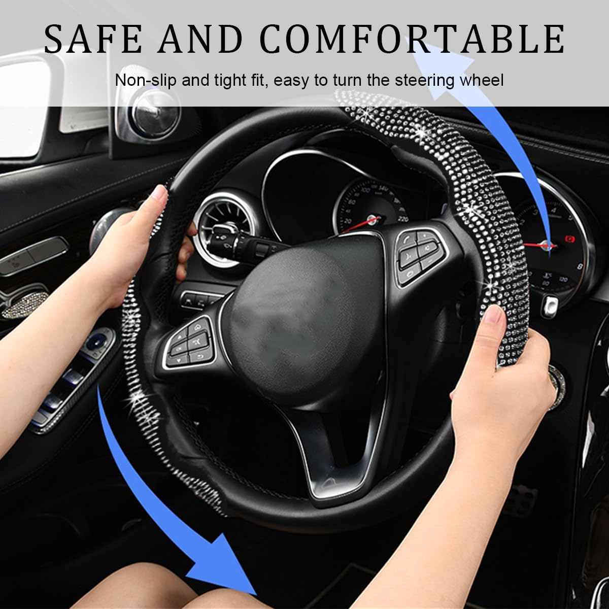 Yourkar 2 PCS Steering Wheel Cover, 15 Inches Crystal Diamond Bling Cover for Auto Steering Wheels, Safety Non-Slip Universal Fit Sparkly Steering Wheel Cover, Car Accessories (Pink)