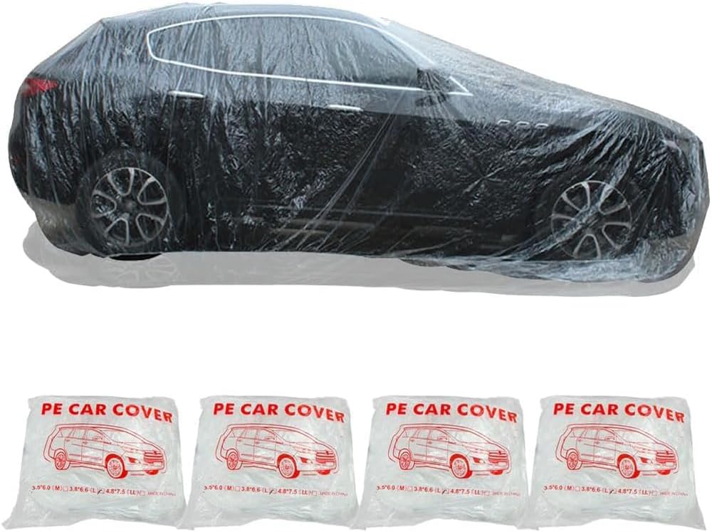 4 Packs Disposable Car Cover Clear Plastic Car Cover Universal Rain Dust Garage Cover with Elastic Band Medium (12 ft x 22 ft)