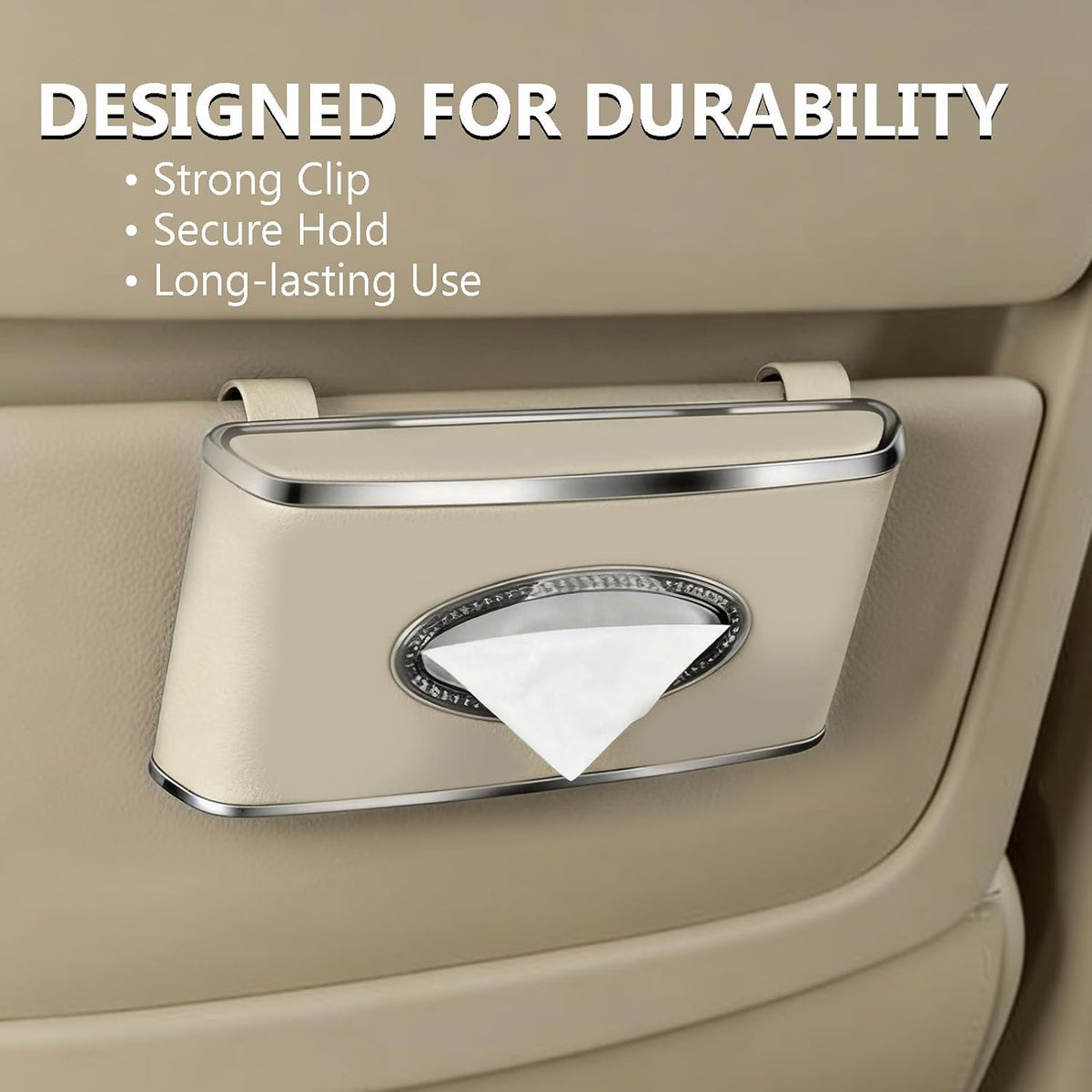 Faux Leather Car Tissue Box for Car Interior, Multi-Function Tissue Holder with Visor Clip, Armrest & Back Seat Napkin Organizer, Vehicle Tissue Dispenser Accessories (Beige Hanging)