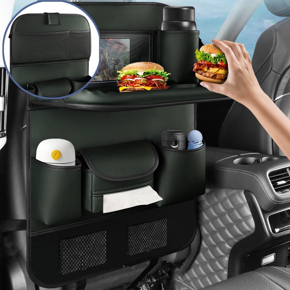 2PCS Car Backseat Organizer Seat Back Protectors Kick Mats with Foldable Table Tray, PU Leather Car Storage Organizer with Tablet Holder, Car Tissue Holder Kids Toys Storage Travel Accessories (Green)