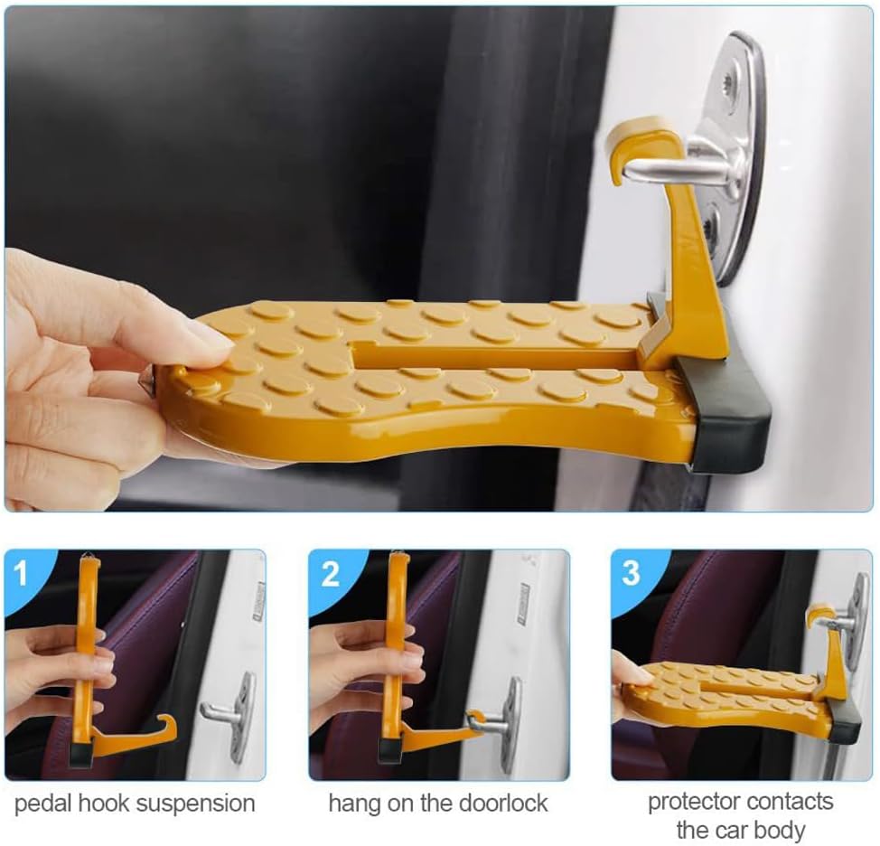 Car Door Step for Easy Roof Access -Multi-Foldable Aluminum Alloy Car Step Hook for Most Cars, SUVs, Trucks - with Glass Breaker - Roof Rack Accessories(Long Style Golden 1 Pack)
