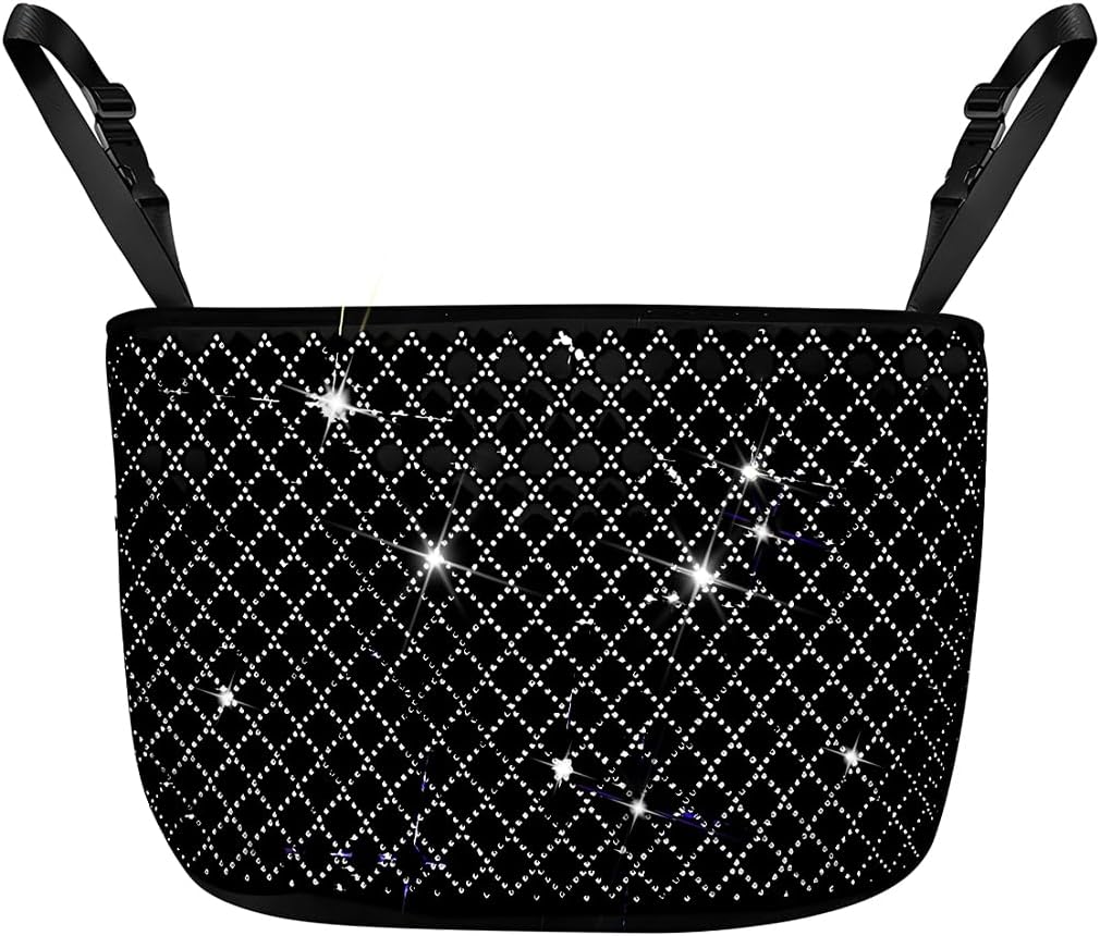zipelo Bling Car Net Pocket Handbag Holder, Rhinestone Vehicle Backseat Purse Organizer Between Seats, Diamond Hanging Storage Bag Barrier of Pet Kids, Universal Automotive Accessories (White)