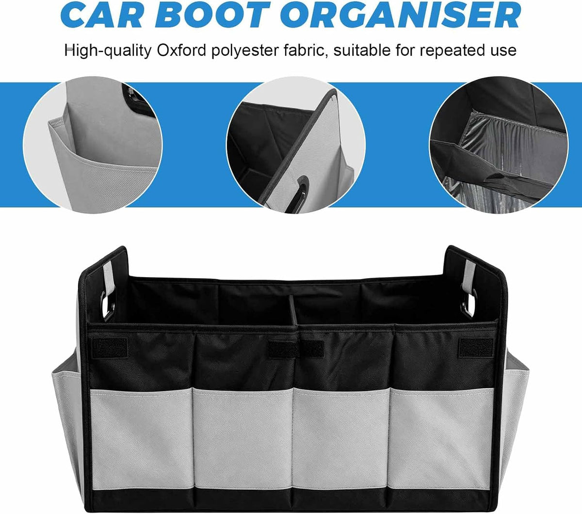 Trunk Organizer, Multi-Compartment Auto Storage Organizer with Reinforced Handles, Foldable Waterproof Oxford Trunk Cargo Storage Box for Most Vehicles, Car Accessory (Gray)