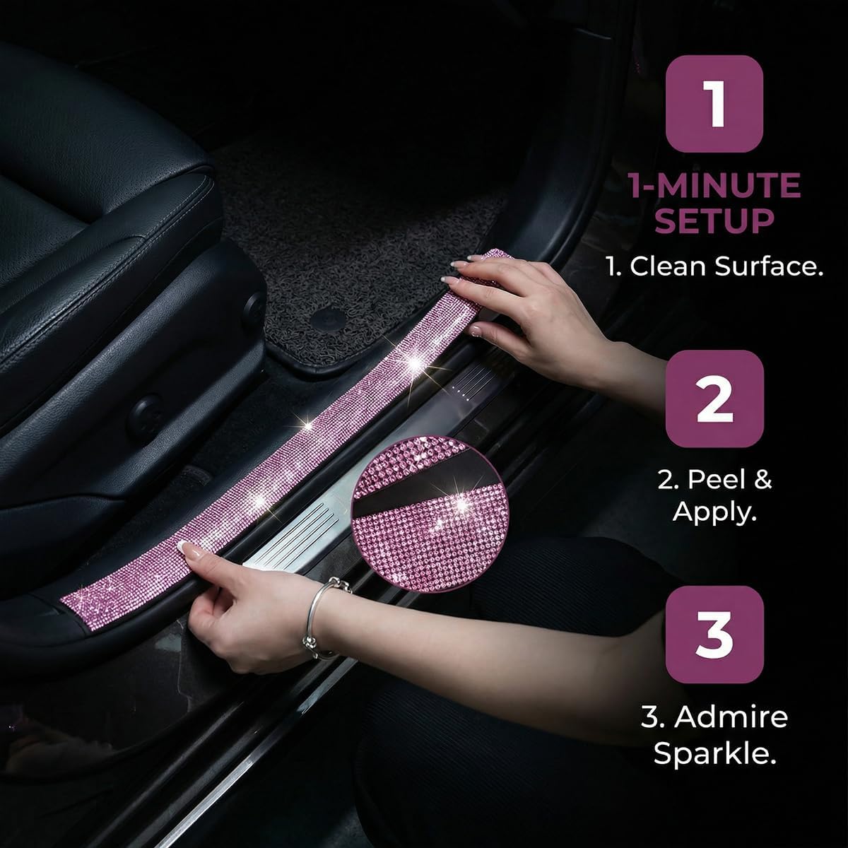 2PCS Bling Car Door Sill Protector, Shiny Crystal Rhinestone Door Edge Entry Guard Cover Strip, Sparkling Anti-Collision Auto Threshold Bumper Scuff Sticker, Universal for Vehicles (Red)