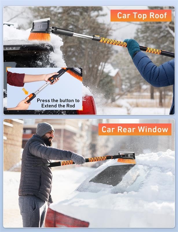 EcoNour 49" Extendable Squeegee Snow Brush and Ice Scraper for Car Windshield & Windows | 270° Telescopic Snow Broom with Pivoting Squeegee | Heavy Duty Car Snow Removal Tool for SUV, Truck & Car