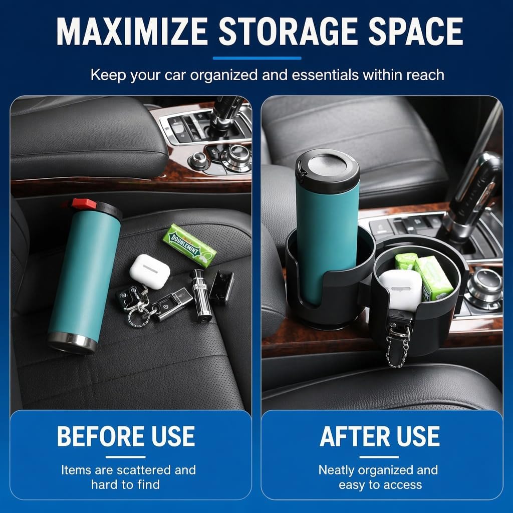 2 in 1 Cup Holder Expander, Dual Cup Holder Expander with Adjustable Base, Universal Multifunctional Cup Holder Insert for 10-46 OZ Bottles Cups Drinks Snack Organizer Holder (Black)