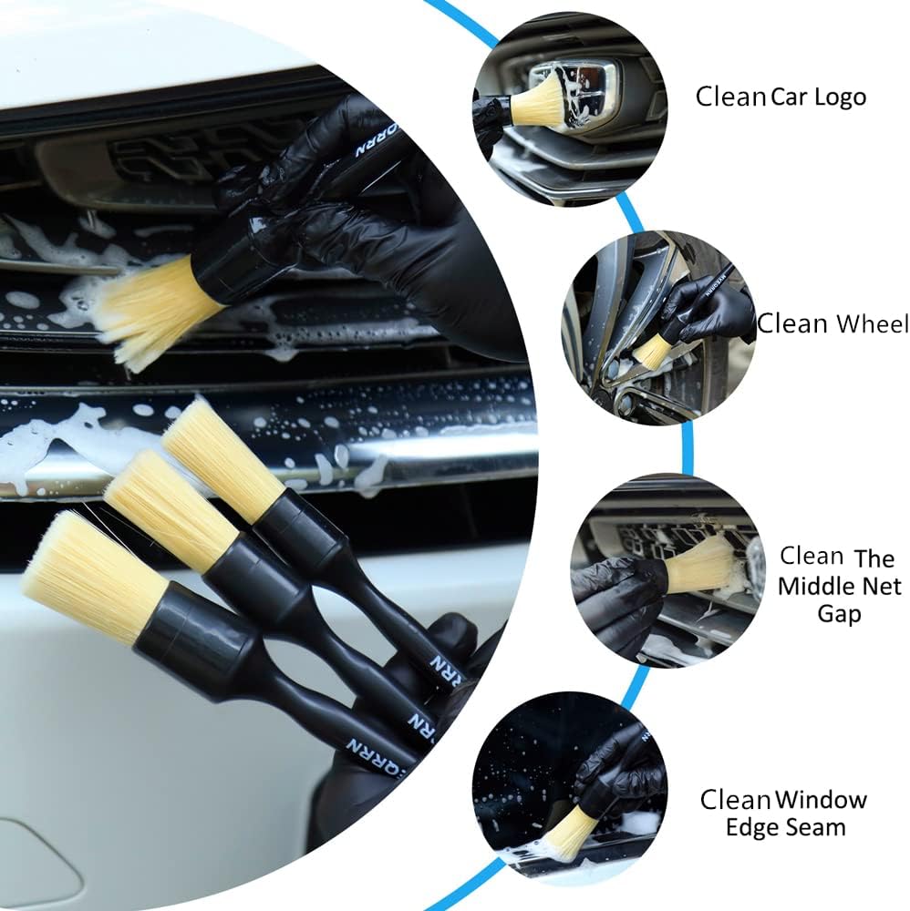 MVEQRRN 5pcs Car Detailing Brush Set, Boar Hair Car Detailing Brushes, Ultra Soft Scratch-Free Car Interior Detail Brush for Leather Seats,Detail Brushes Car Detailing for Interior Exterior.