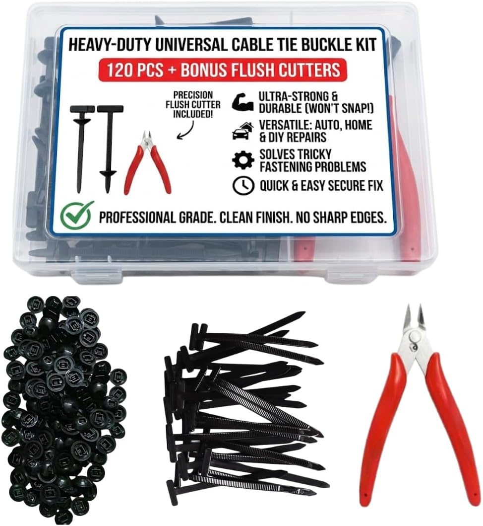 Heavy Duty UV-Resistant Nylon Universal Cable Tie Buckle, Self-Locking Automotive Snap T Zip Ties for Auto Car Fenders & Repairs, Multi-Purpose Quick-Fix Fasteners (120 Pcs Kit (with Pliers & Box))