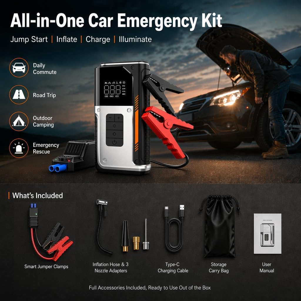 [2026NEW] 5000A Peak Portable Car Jump Starter with 150PSI Air Compressor