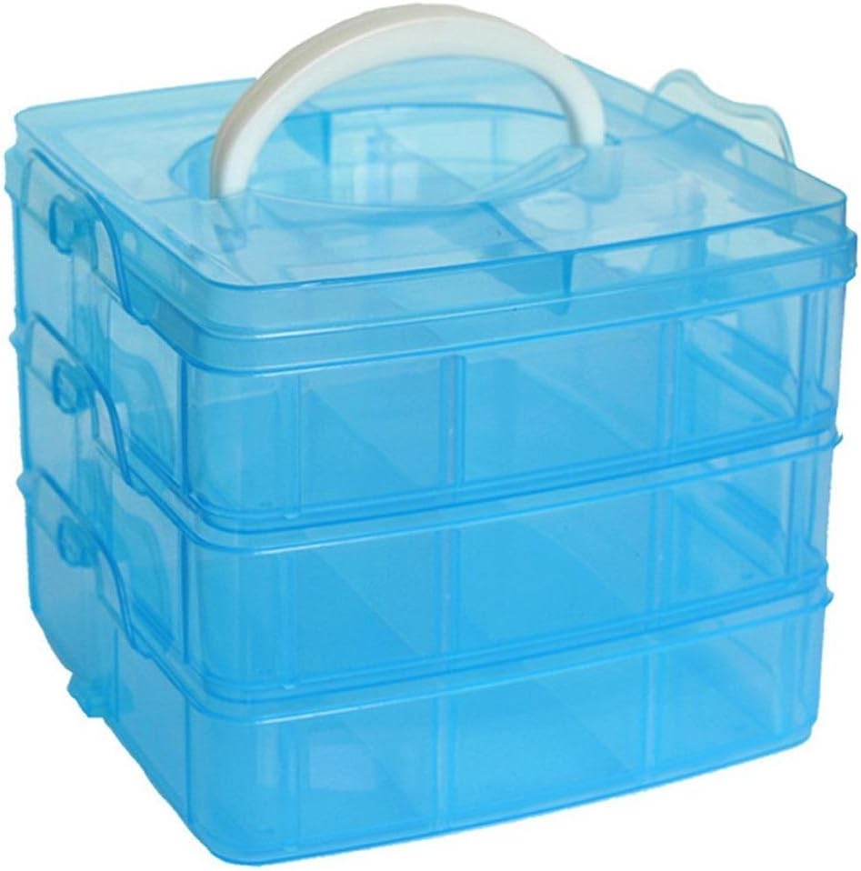 DJUNXYAN 3-Tier 18 Sections Transparent Stackable Adjustable Compartment Slot Plastic Craft Storage Box Organizer for Toy Desktop Jewelry Accessory Drawer Or Kitchen 4 Colors 3 Sizes (Medium Orange)