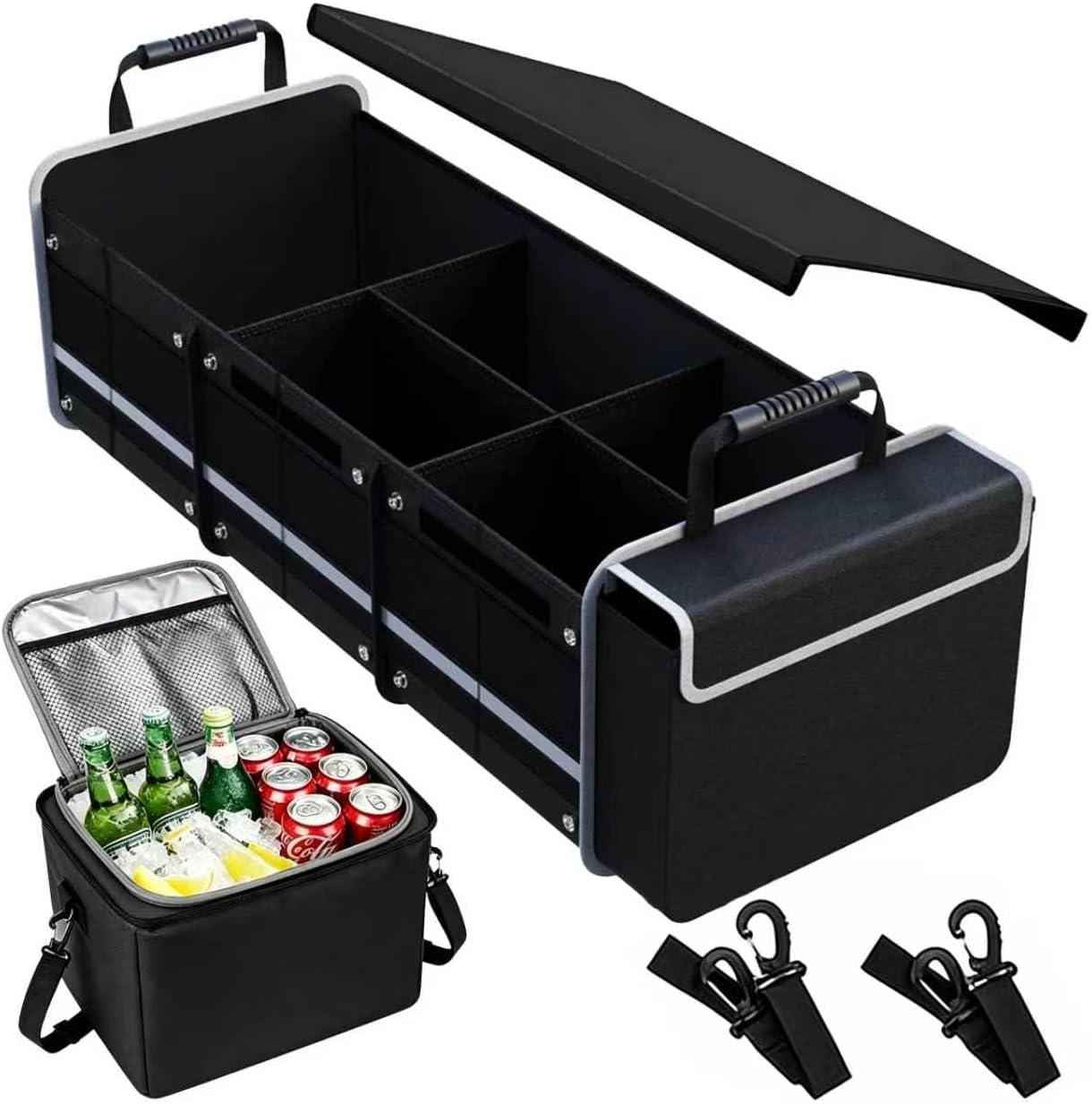 Car Trunk Organizer with Removable Cooler Bag - Collapsible Multi-Compartment Storage for SUV Truck Groceries Camping, Durable Nylon Auto Cargo Organizer (Green)
