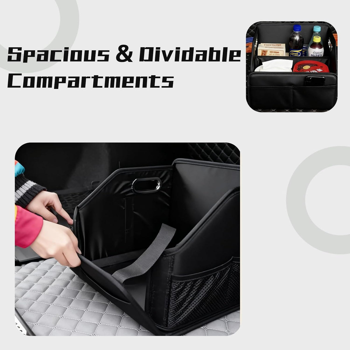 Leather Car Organizer Front Seat Organizer with Metal Handles, Dividable Black Car Caddy Organizer for Passenger Seat Organizer