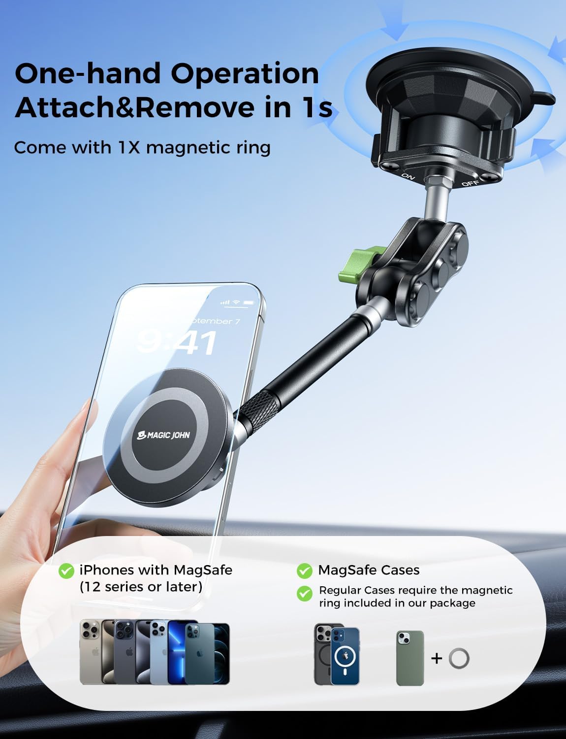 MAGIC JOHN Magnetic Car Phone Holder, Windshield Metal Suction Cup Mount
