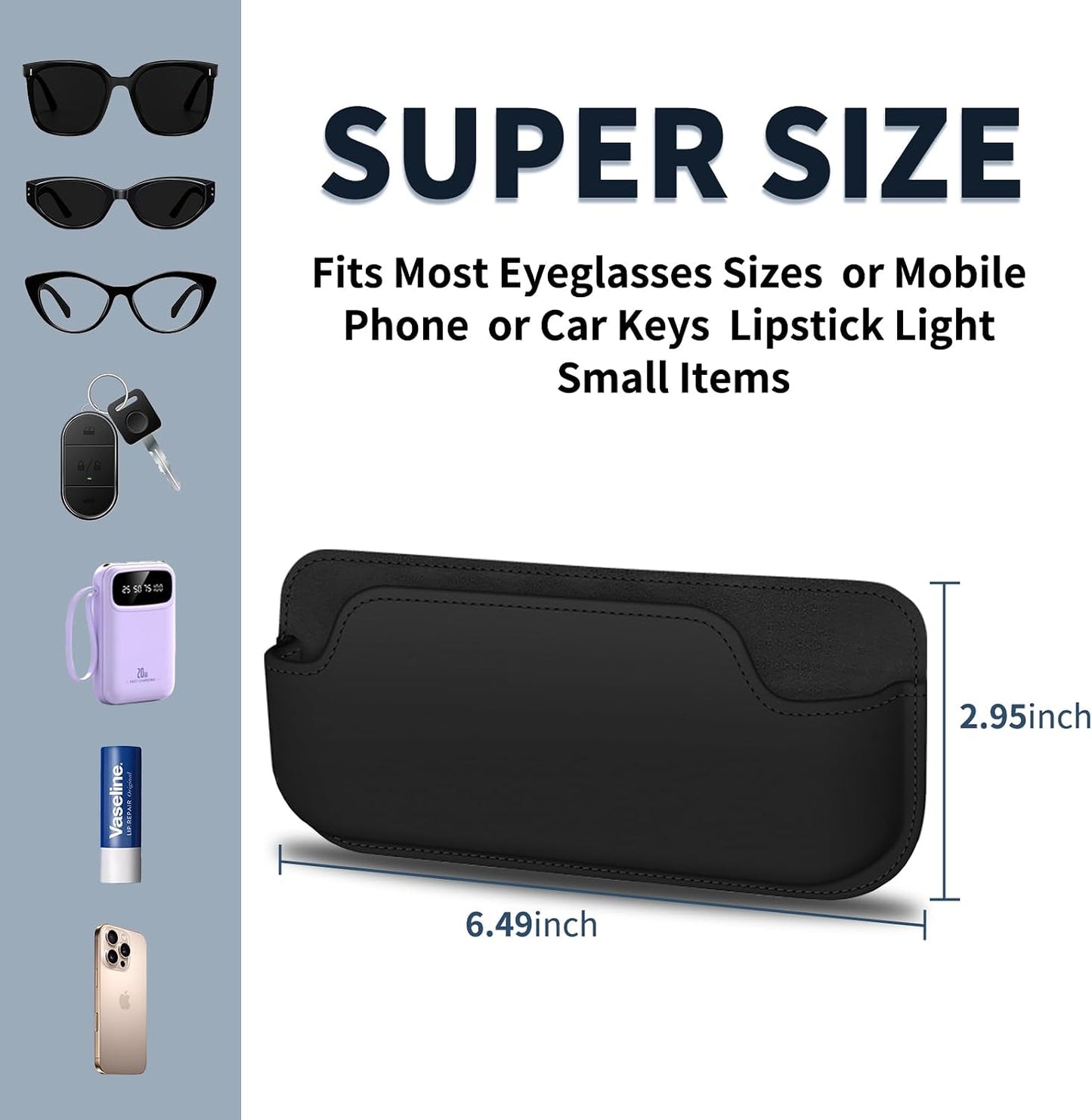 Sunglass Holder for Car, Multi-Functional Stick-On Glasses Storage Box, Seat Gap Organizer with Small Item Storage, Universal Fit for All Vehicles (Black Leather)