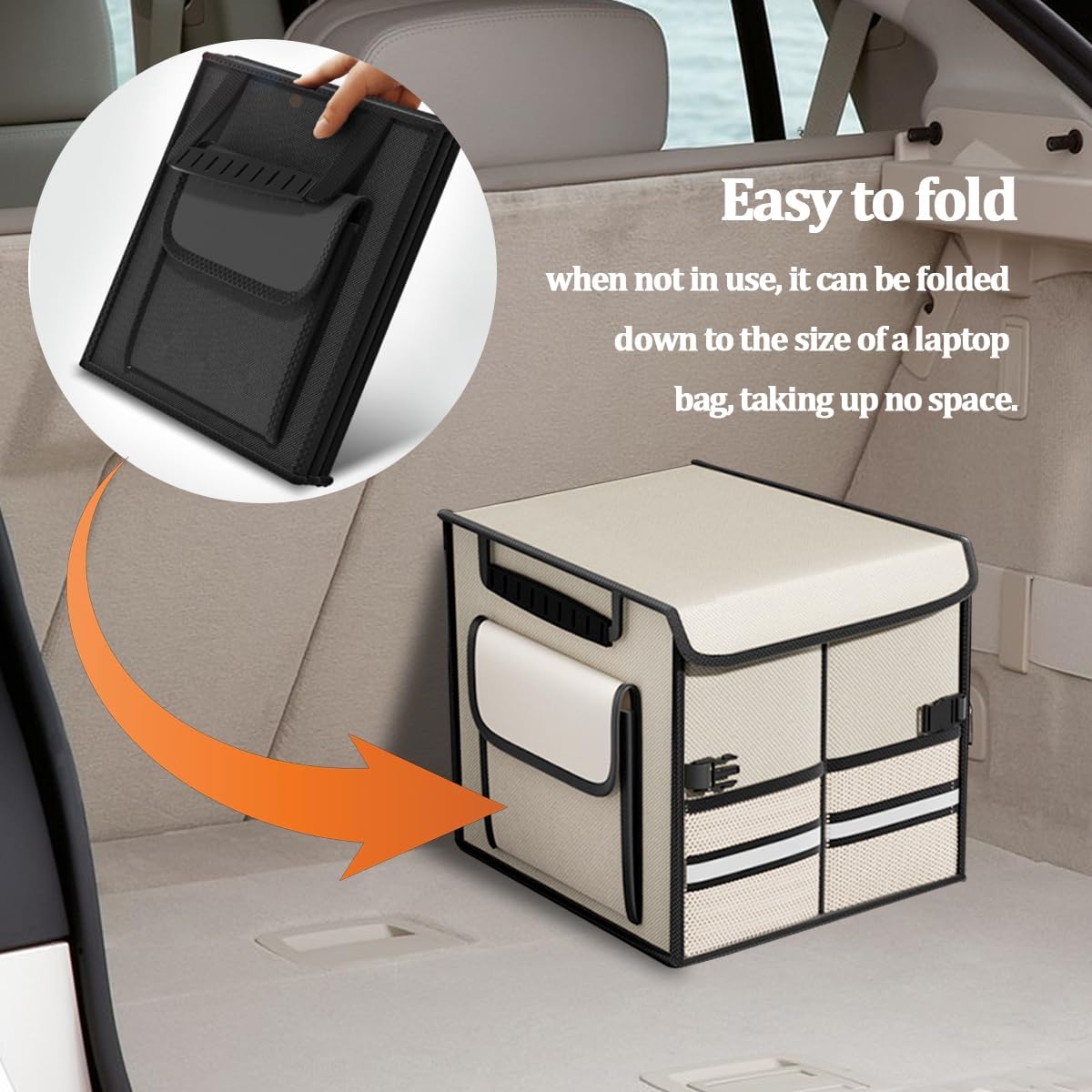 HZEL Car Trunk Organizer with Lid, Foldable Slip Resistant Multi-Compartment Vehicle Cargo Storage Box, Collapsible Waterproof Automotive Trunk Organizer, Universal for SUV Van Truck (Beige)