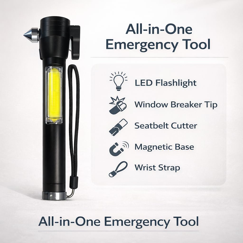 Ideas In Life Auto Tool Flashlight, Car Window Breaker, Seatbelt Cutter