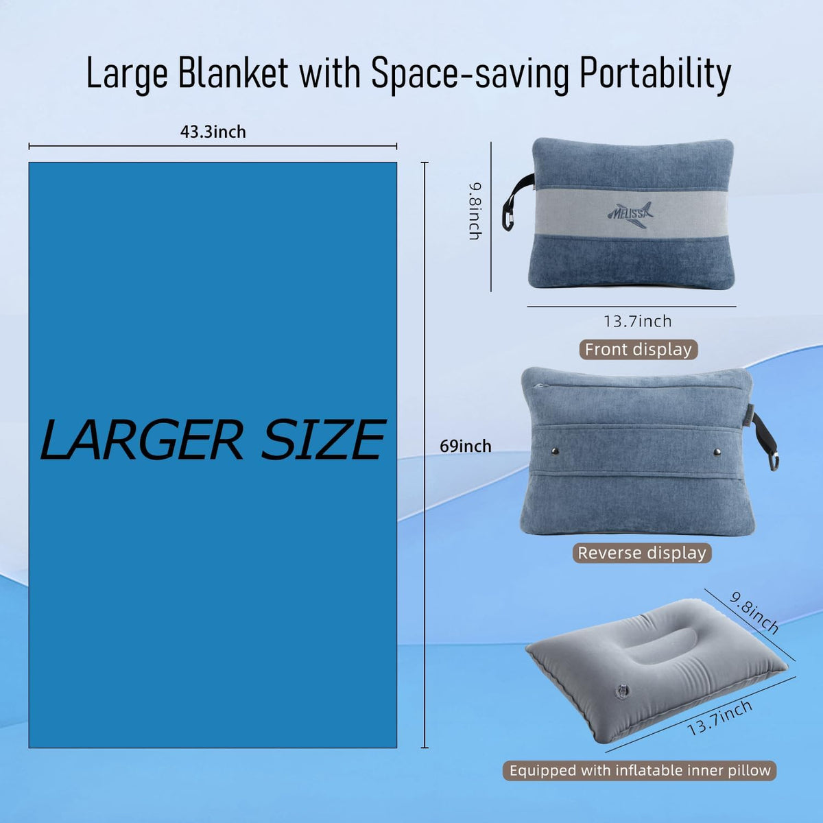 Melissa Large Soft Travel Blanket and Inflatable Pillow Set | Size - 69“ x 43.3”, Lightweight, Compact & Washable for Backpacking, Hiking, Airplane, Car, Office, Camping (Blue)