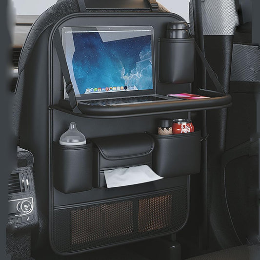 2 Pack Leather Car Backseat Organizer with Foldable Table Tray, Universal Car Seat Back Protector Kick Mat with Touchscreen Tablet Holder, Storage Pockets, Cup Holders & Tissue Holder, Black