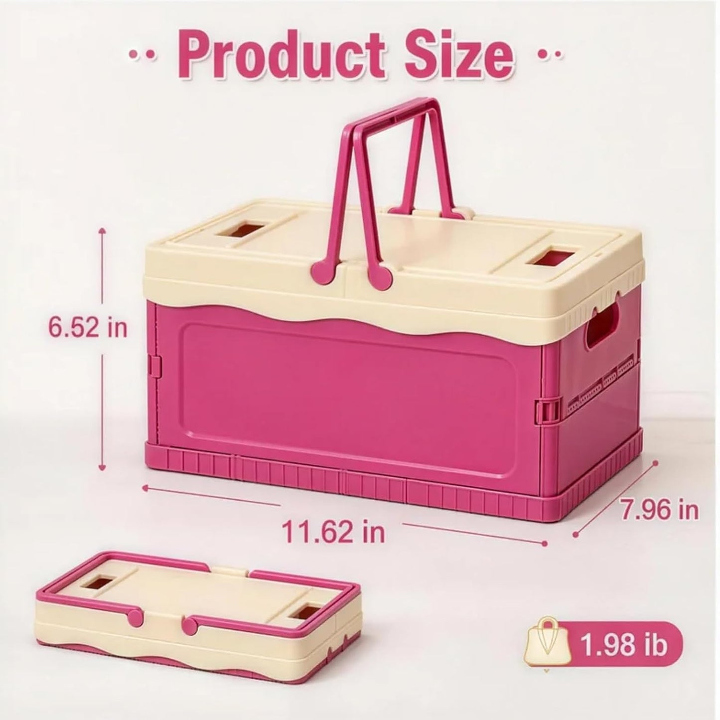 Pink Storage Bins with Lids, Foldable Storage Basket, Collapsible Plastic Organizer Bin with Handle, Portable Stackable Container for Home, Kitchen, Bedroom, Office, Car, Picnic