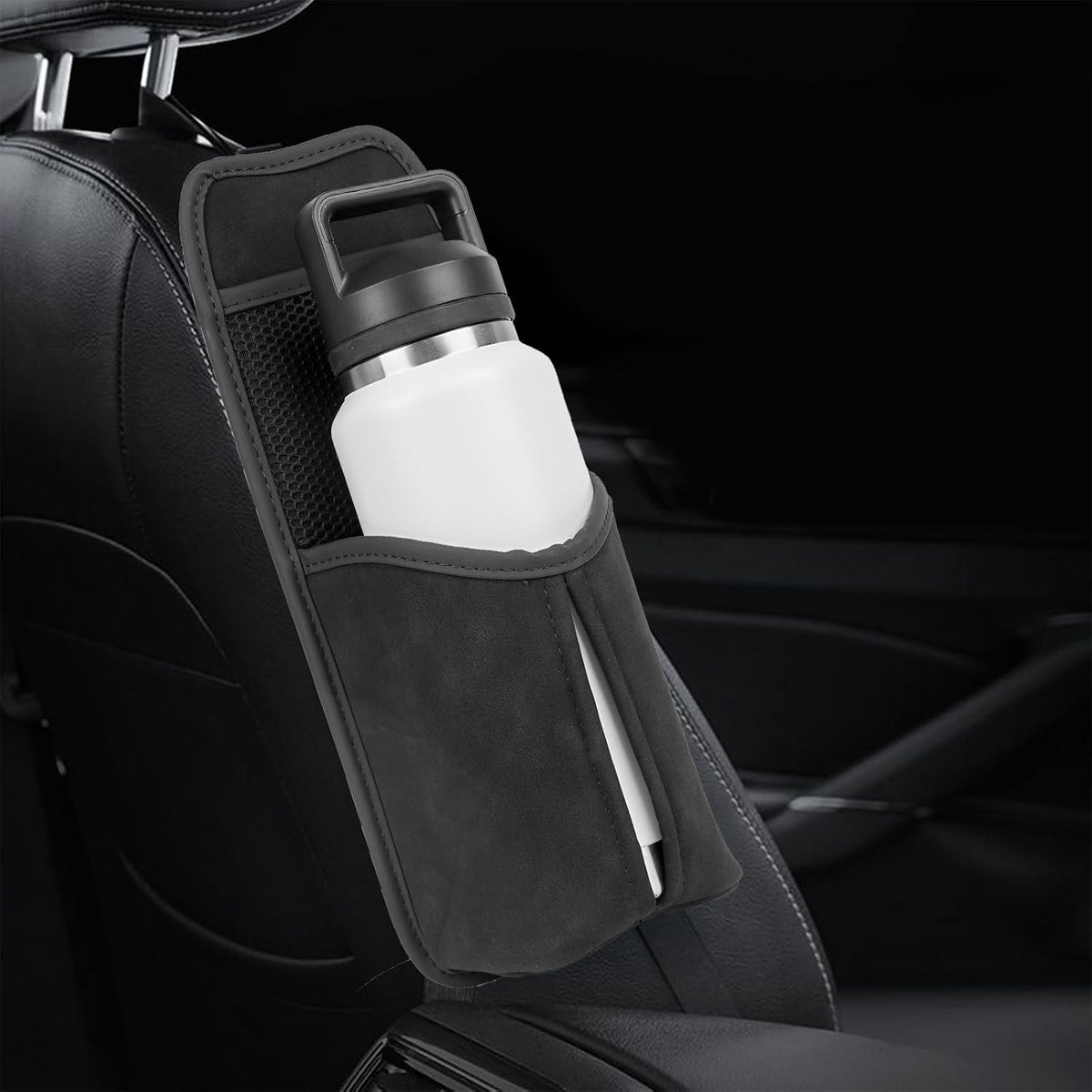 Linkidea Car Seat Side Large Water Bottle Holder Compatible with Owala FreeSip 24oz/32oz, Yeti Rambler 26oz/36oz, Auto Seat Large Car Bottle Hanging Storage Organizer with Mesh Pocket, Black