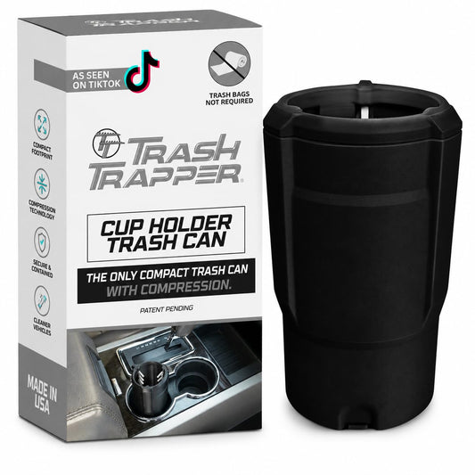 Trash Trapper Car Trash Can Cup Holder | Mini Car Trash Can | Fits in Most Doors | 5.1" x 2.9" | Traps More & Empties Less, Patent-Pending Compaction, Holds Weeks of Small Garbage, Black/Grey